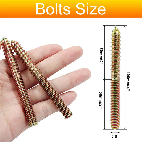 Rock Solid 3/8 Inch 16 Thread By 4 Inch Heavy Duty Hanger Bolts 8 Pack Drywall And Lumber Mounting Double End Screws, showing size and detail.