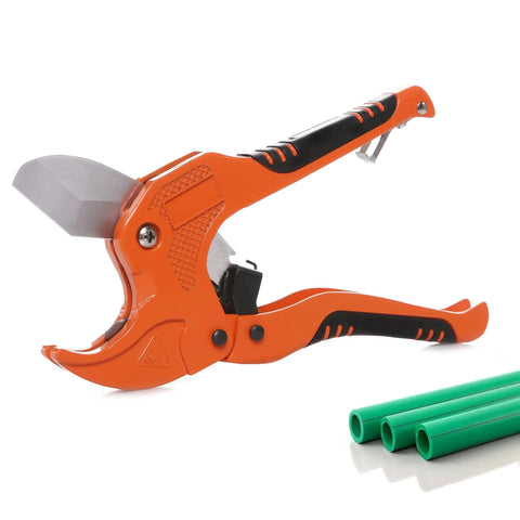 One Hand Ratchet Tube And Pipe Cutter For Pex PVC And Ppr Hoses And Plumbing Pipes Up To One And Five Eighths Inches Easy Quick Cuts For Home DIY Or Professional Plumbers Durable Orange Tool