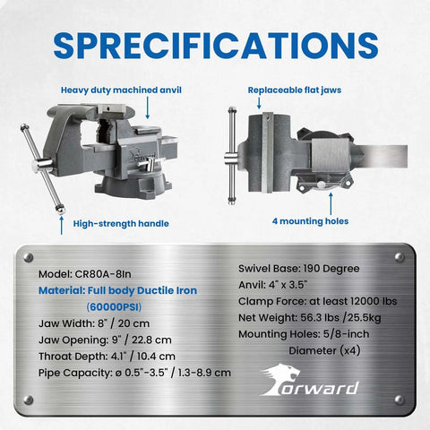 Specifications for 8 Inch Heavy Duty Bench Vise with Anvil and 190 Degree Swivel Base, beefy ductile iron build shown.