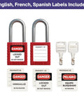 Lockout Tagout Kit For Electrical Safety Must Have With Hasps Clamp On And Universal Breaker Locks, 4 Safety Padlocks, Tags, Nylon Ties, Pocket Bag, Keyed Different, 7131R showing red padlocks with English, French, and Spanish labels.