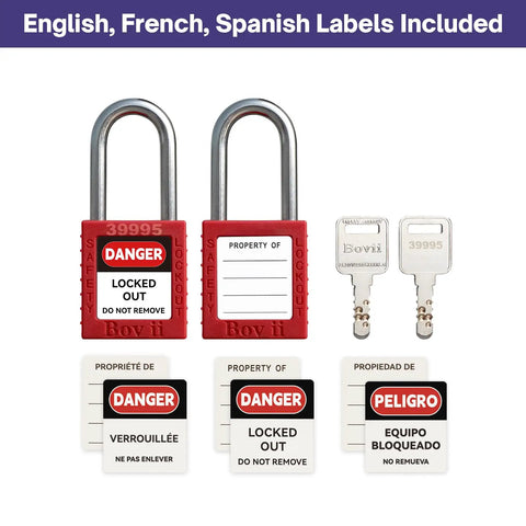 Lockout Tagout Kit For Electrical Safety Must Have With Hasps Clamp On And Universal Breaker Locks, 4 Safety Padlocks, Tags, Nylon Ties, Pocket Bag, Keyed Different, 7131R showing red padlocks with English, French, and Spanish labels.