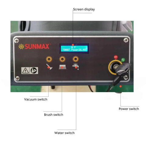 Control panel of 22 Inch Walk Behind Commercial Floor Scrubber Cordless Battery Powered With Dual 13 Point 2 And 14 Point 5 Gallon Tanks