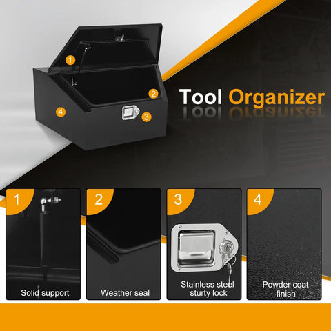 Heavy Duty Steel Thirty Six Inch Trailer Tongue Tool Box With Reinforced Lid showing solid support, weather seal, sturdy lock, and powder coat finish.