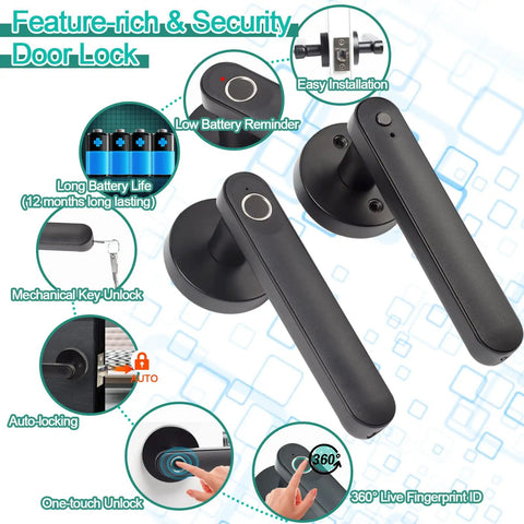 Features of Smart Fingerprint Door Lock With Keyless Entry Auto Lock And Passage Mode Biometric Thumbprint Door Knob in black finish.