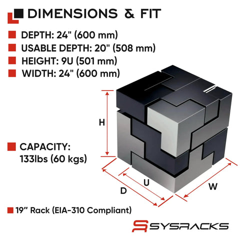 Dimensions and fit specifications for Heavy Duty 9U Wall Mount Server Rack Cabinet With 19 Inch Mounting And 24 Inch Depth.