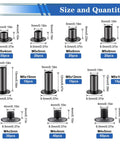 260Pcs Black Chicago Screws And Leather Rivet Kit In 7 Sizes M5x4 to M5x15 size chart and quantity breakdown