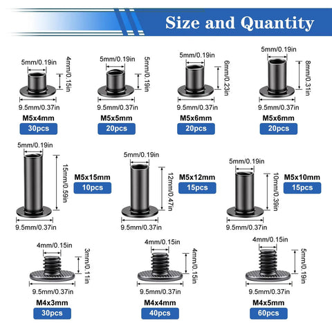 260Pcs Black Chicago Screws And Leather Rivet Kit In 7 Sizes M5x4 to M5x15 size chart and quantity breakdown