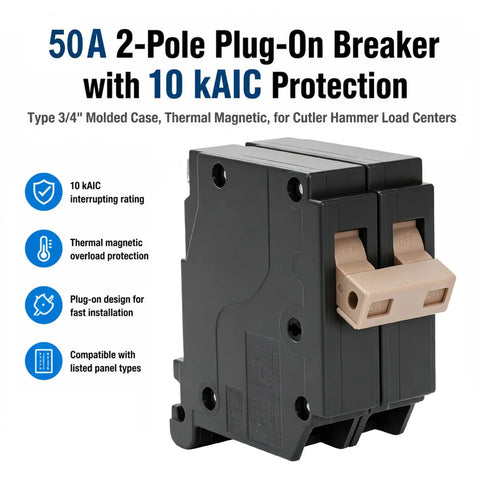 Slick Heavy Duty 2 Pole 50 Amp Circuit Breaker Replacement For Home Load Center Panels Plug And Play Electrical Module Swap Straightforward Rock Solid Thermal Magnetic 10 Kaic with molded case design.
