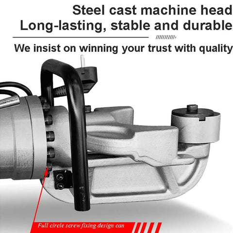 Portable Electric Hydraulic Rebar Bender Cuts Rebar Up To 25 Mm Fast With Adjustable Angles From Zero To Ninety Degrees For Steel Rods side view of durable steel cast machine head with electrical cord