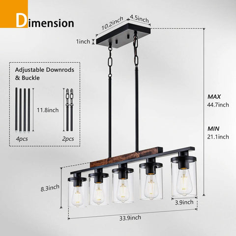 Dimensions of Modern Farmhouse 5 Light Linear Chandelier 44.7 inch black metal and wood frame with clear glass shades