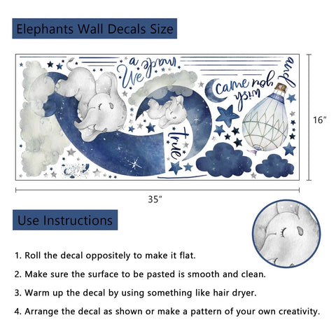 Watercolor Blue Grey Sleeping Elephant Wall Decals For Nursery And Kids Room With Moon Star Cloud Stickers And Hot Air Balloon Decor Kid Friendly Cozy Vibe Wall Art Perfect For Baby Showers Playrooms And Toddler Bedrooms showing detailed measurements and instructions