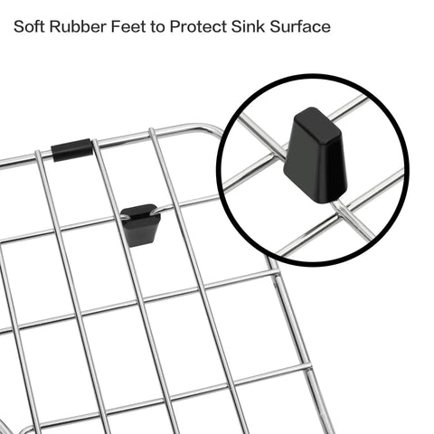 Heavy Duty Stainless Steel Kitchen Sink Grid With Rear Drain, Bottom Protector showing rubber feet for scratch-free sink