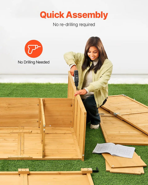 Person assembling Rugged Outdoor Wood Storage Shed With Waterproof Roof And Metal Frame, quick assembly on grass.