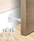 Heavy Duty Stainless Steel Door Stopper With Magnetic Catch installed on a wall, shown holding a wooden door open, 1 Pack White