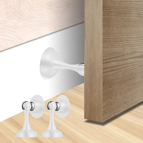 Heavy Duty Stainless Steel Door Stopper With Magnetic Catch installed on a wall, shown holding a wooden door open, 1 Pack White