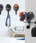 Beefy 180 Degree Swivel Helmet Wall Mount Heavy Duty Aluminum Helmet Holder for motorcycle helmets and gear in use.