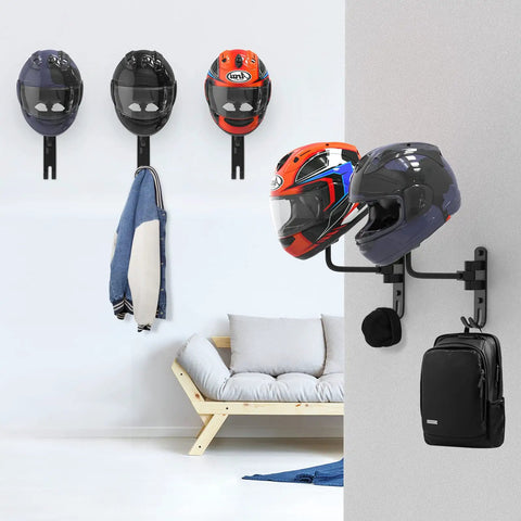 Beefy 180 Degree Swivel Helmet Wall Mount Heavy Duty Aluminum Helmet Holder for motorcycle helmets and gear in use.
