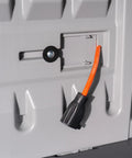 Close-up of lock mechanism on 130 Gallon Outdoor Storage Cabinet With Lockable Door Backyard Oasis Basic Unit Peppercorn Finish