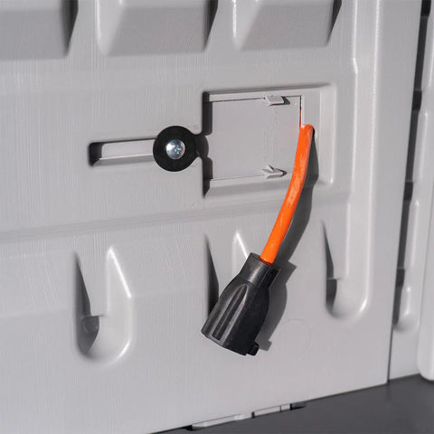 Close-up of lock mechanism on 130 Gallon Outdoor Storage Cabinet With Lockable Door Backyard Oasis Basic Unit Peppercorn Finish