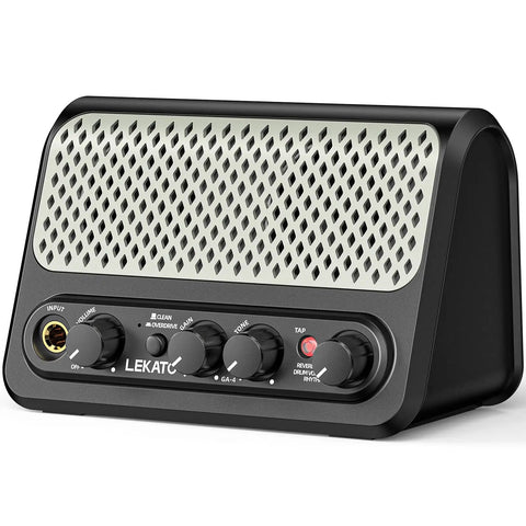 Portable 10W Bluetooth Guitar Amp with Built In Drum Machine featuring 30 patterns clean and drive channel reverb rechargeable battery.