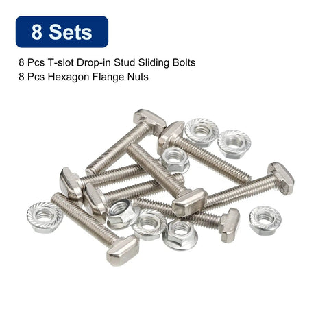 Solid As A Rock M6 T Slot Bolt And Flange Nut Kit For European 30 Series Aluminum showing 8 stainless bolts and nuts.