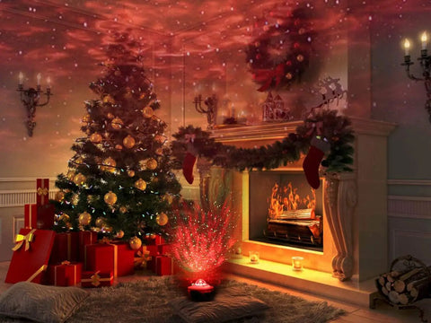Living room with holiday decor using Starry Night Sky Projector For Bedroom With Ocean Wave Light, Remote and Bluetooth Speaker.
