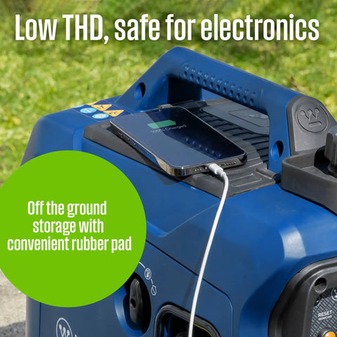 Smartphone charging on Beast 1500 Peak Watt Portable Inverter Generator, Ultra Quiet and Lightweight, Gas Powered With CO Sensor.