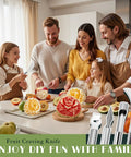 Family using 14-Piece Fruit Carving Tools Set In Stainless Steel With Melon Baller, V-Cut, Spiral Cutter, creating fruit platters