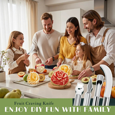 Family using 14-Piece Fruit Carving Tools Set In Stainless Steel With Melon Baller, V-Cut, Spiral Cutter, creating fruit platters
