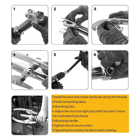 Shop Grade 10 Ton Hydraulic Gear Puller With Sturdy Transport Box For Wheel Bearing Separator And Cv Shaft Axle Rotors Goes Vertical Or Horizontal Takes The Sweat Out Of Stubborn Jams. Instruction images showing setup steps for hydraulic gear puller.