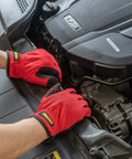 Hands wearing red Three Pack High Dexterity Work Gloves For Men With Touchscreen Compatibility performing car engine maintenance.