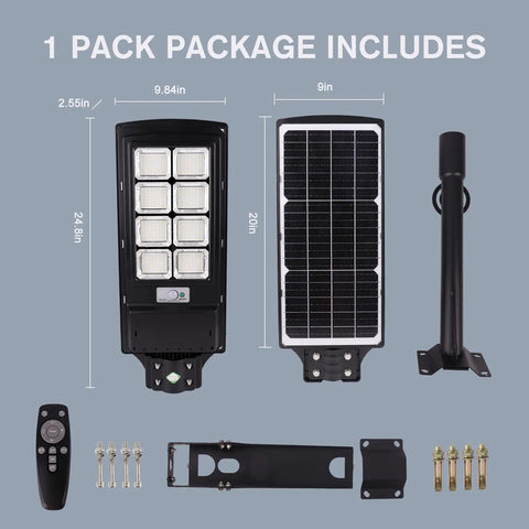Components of Solar Street Light With Dusk To Dawn Sensor, Motion Sensor, Remote Control, 6000K 336 LED Outdoor Lighting displayed