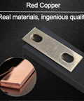 Heavy Duty Red Copper Nickel Plated Bus Bar Connectors For LifePo4 Cells close-up showing design and two mounting holes.