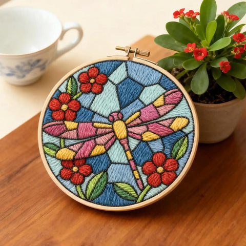 Dragonfly Punch Needle Kit For Adults Beginners Colorful Flower Embroidery Starter Set displayed on wooden table