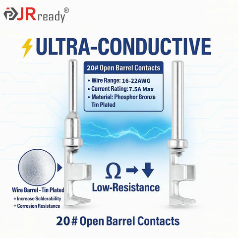 Beefy DTM 2-Pin Waterproof Sensor Connector Kit with 20 AWG stamped terminals, phosphor bronze tin plated, 16-22 AWG range, low resistance.