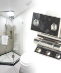 304 Stainless Steel Curved Glass Door Hinge Single Sided For 8 To 12mm Tempered Glass Built Like A Tank in modern bathroom setting.