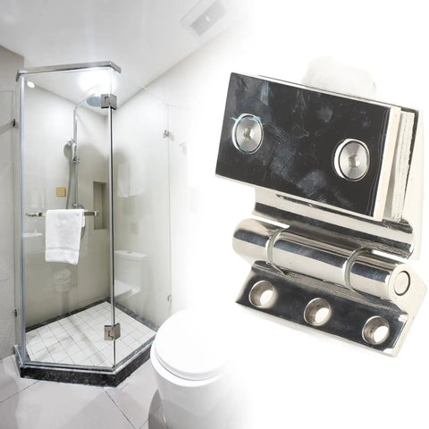 304 Stainless Steel Curved Glass Door Hinge Single Sided For 8 To 12mm Tempered Glass Built Like A Tank in modern bathroom setting.