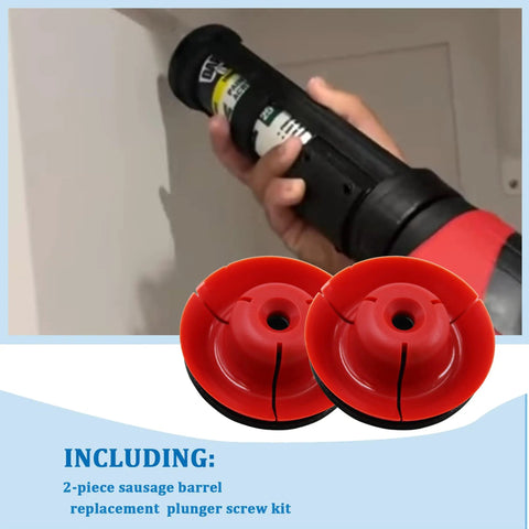 Red metal sausage plunger kit for cordless caulking and grease gun with air relief hole includes five sixteenth inch screw