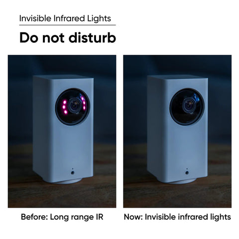 360 Degree Indoor PTZ Pet Cam With Color Night Vision Remote App Control Pan Tilt Zoom Auto Waypoints Security System showing infrared capability before and after comparison.