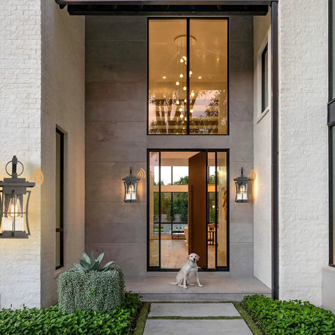 Dusk To Dawn Outdoor Wall Light With Photocell Sensor on doorway, matte black, seeded glass, weatherproof lighting fixture