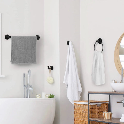 Industrial Style 10 Piece Bathroom Hardware Set Boss Black Finish with towel bars, towel ring, and robe hook on bathroom wall.