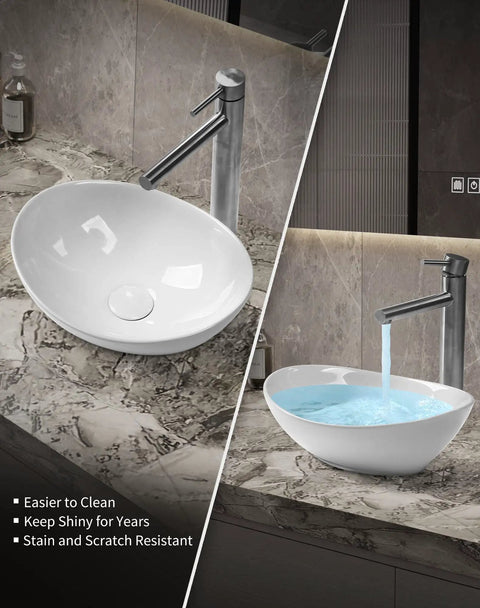 Bathroom Vessel Sink Set 15x12 Inch Oval Ceramic Vessel Sink Basin With Pop Up Drain Faucet Modern Egg Shape Above Counter Vanity Bowl Glossy White Easy To Install on marble counter with running water