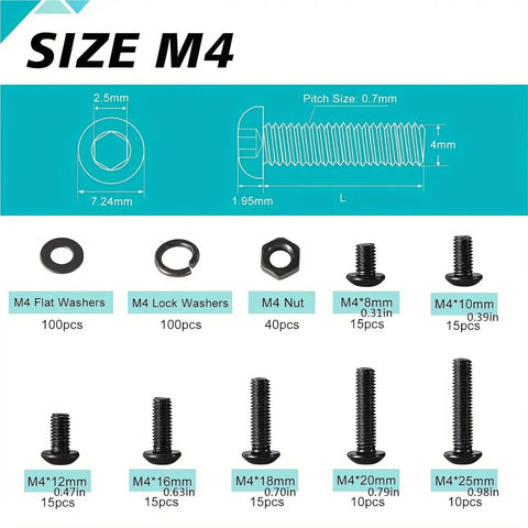 200 Piece M4 Hex Socket Head Cap Screws Kit With 10.9 Alloy Steel Black Bolts Nuts Washers Assortment For DIY Projects Automotive Bike Repairs Ideal For Quick Fix Auto Repair Home Improvement And Gearhead Projects. M4 screws and washers size chart