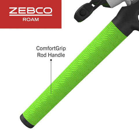 Close-up of green Comfort Grip Handle on Roam Spincast Reel And Telescopic Fishing Rod Combo Extendable Eighteen Point Five Inch To Six Foot Pole