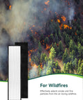 Replacement Filter C for AC5250PT Air Purifier with Pet Pure Treatment next to a forest wildfire image, 2 HEPA and 8 carbon pre filters shown.
