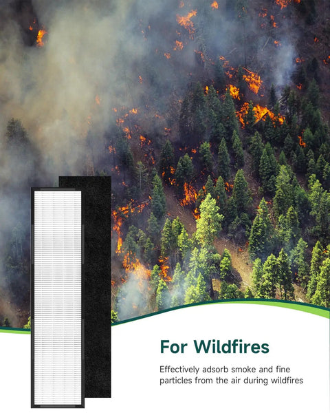Replacement Filter C for AC5250PT Air Purifier with Pet Pure Treatment next to a forest wildfire image, 2 HEPA and 8 carbon pre filters shown.