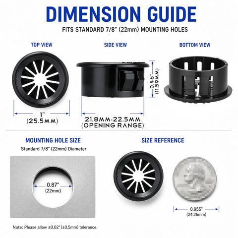 Dimension guide for 250 Pack Flexible Shutter Bushings Nylon Wire Grommets For Tight Cable Control with side and top views.
