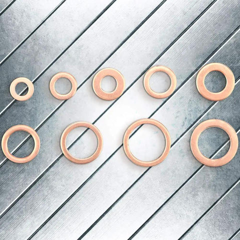 Top Tier 200 Piece Assorted Copper Flat Washer Gasket Set M5 M6 M8 M10 M12 M14 Sizes High Conductivity Sealing Washers For Oil Sump Plugs Fuel Lines Hydraulic Fittings Stops Drips For Serious Garage Mechanics Car Fix Crew In Clear Case copper washers in mixed sizes on metal surface