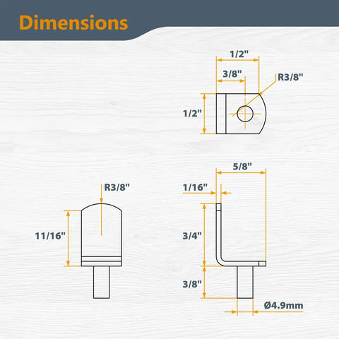 Set Of 50 5mm L Shaped Shelf Pegs For Cabinets Bookshelves And Closets Nickel Plated Shelf Pins Supports with dimensions shown