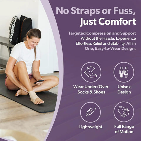 Woman wearing Elastic Ankle Support Sleeve For Men And Women, Easy Slip On Foot And Ankle Brace in beige while sitting on yoga mat.